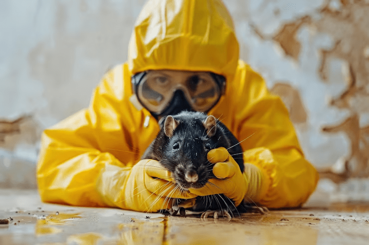 Spécialiste en dératisation à Boulogne-Billancourt en pleine évaluation d’une infestation de rats Expert en dératisation manipulant un rat avec précaution dans un environnement infesté à Boulogne-Billancourt