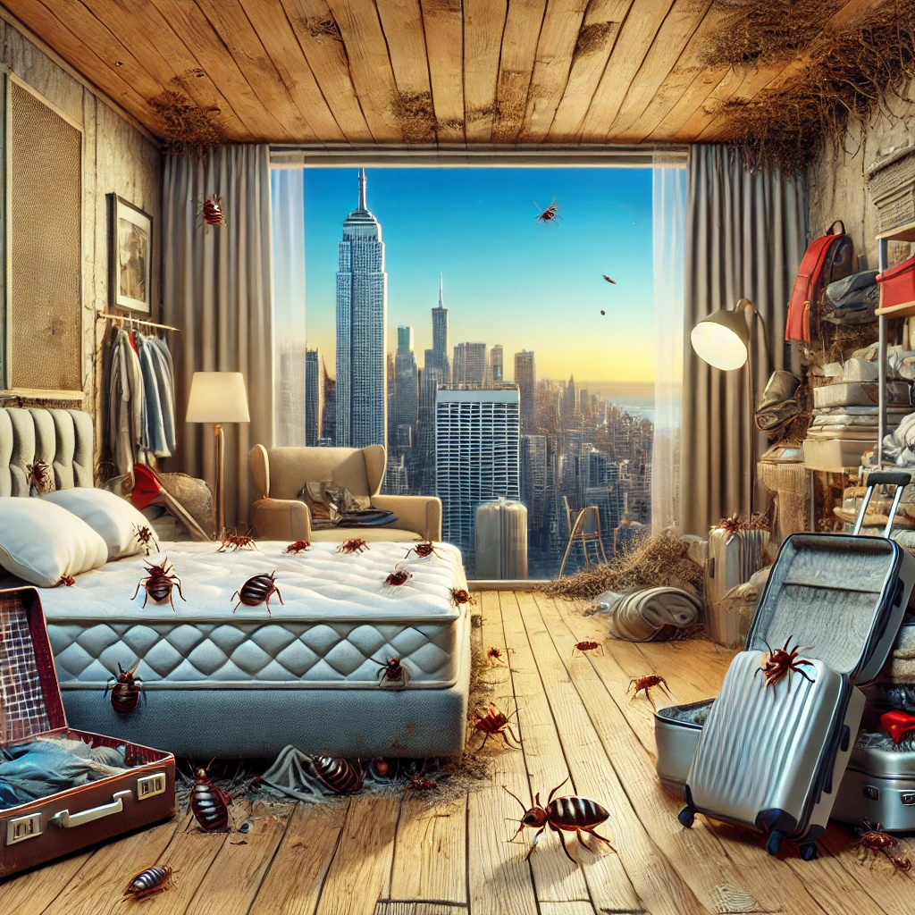 DALL·E 2024-11-27 10.32.48 – A panoramic and realistic artistic illustration showcasing the cause of bed bugs infestation. The scene depicts an urban apartment with open suitcases Cause de la punaise de lit