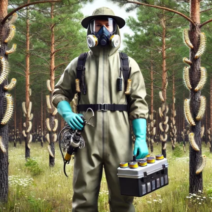 Spécialiste en chenilles processionnaires équipé pour le traitement.