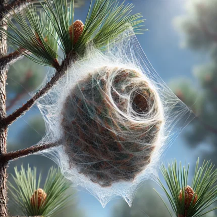 Nid chenille processionnaire sur branche de pin