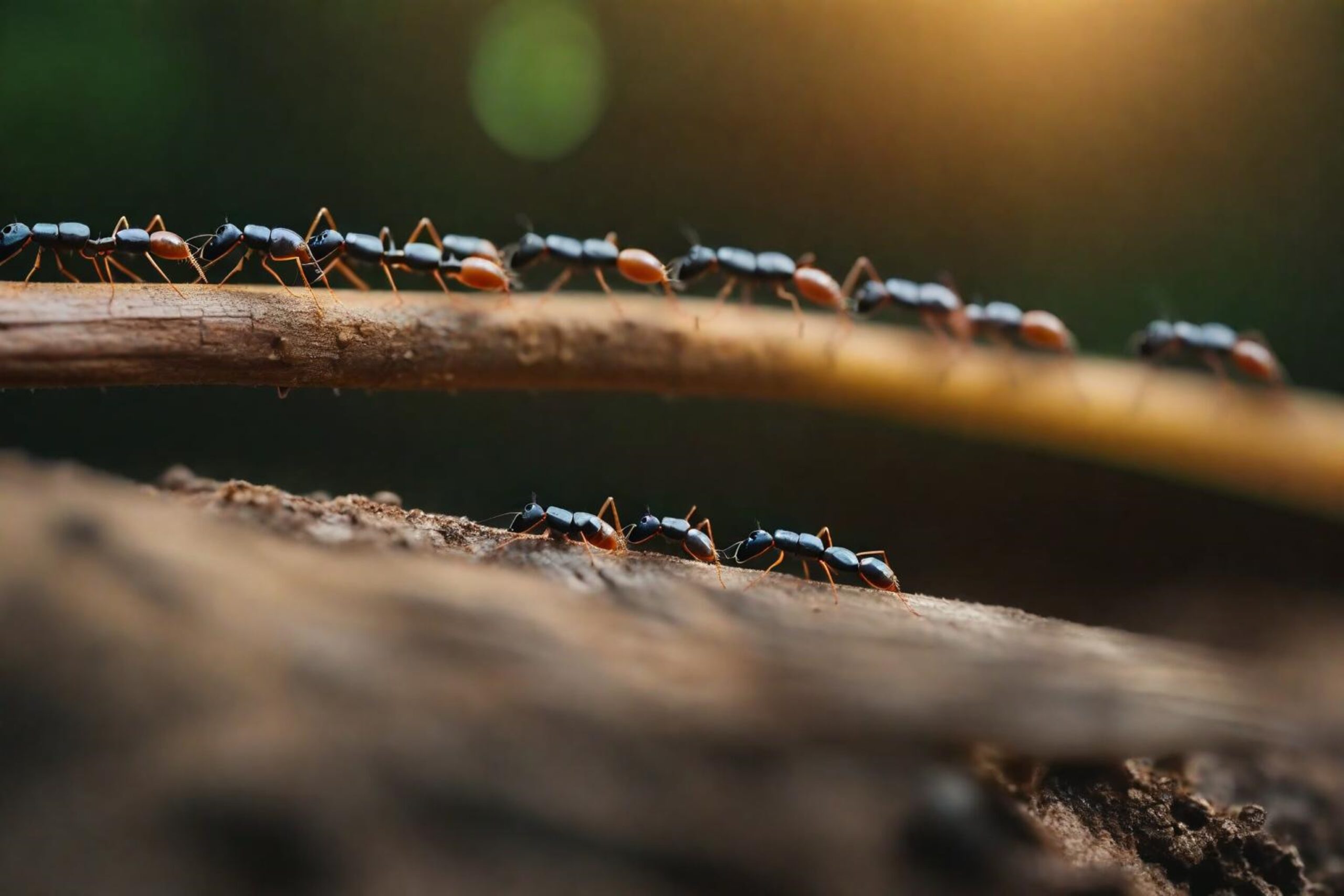 Colonie de fourmis se déplaçant sur une branche